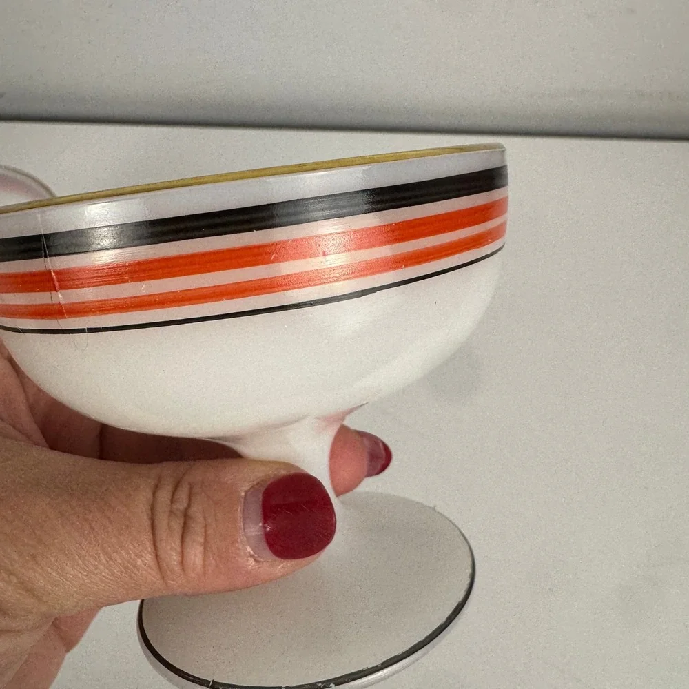 Vtg Platonite MCM Dessert Bowls Red Black Gold Striped Footed Sherbet Set of 2‎